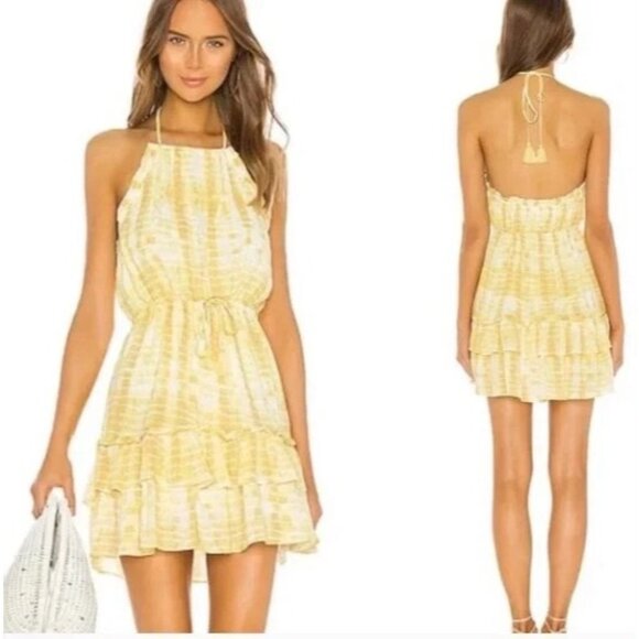 Revolve Majorelle Baker Mini Dress Medium Yellow Tie Dye Halter‎ Tiered Ruffle M